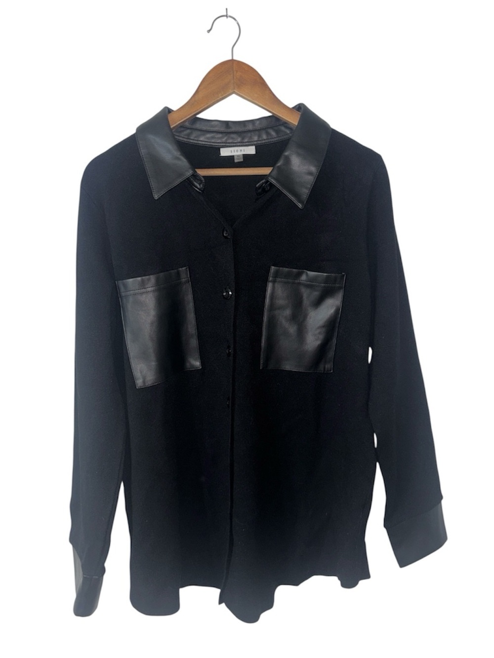 Sioni Black Button Down Thick Knit Faux Leather Pockets Classy Rich Size XL